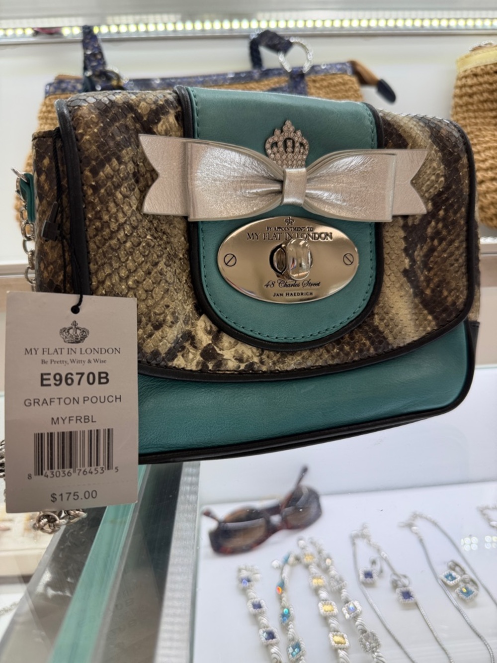 NWT My Flat in London Teal and Snake-Print Grafton Pouch with Silver Bow